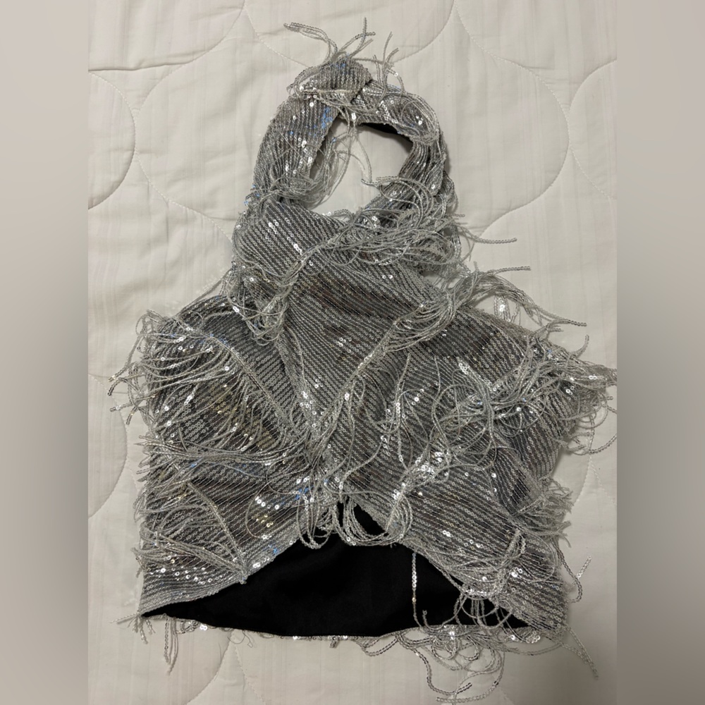 Zara Silver Sequin Fringe Halter Crop Top
